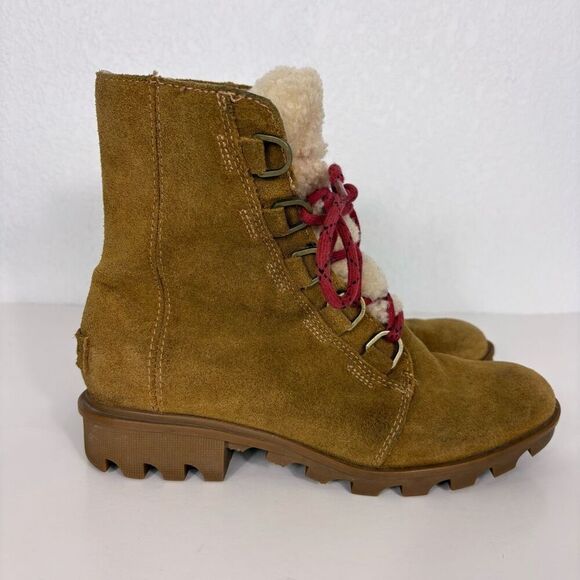 Sorel Tan Suede Sherpa Tongue Red Lace Up Mid Calf Combat Boots Women's Size 8 - Picture 6 of 11